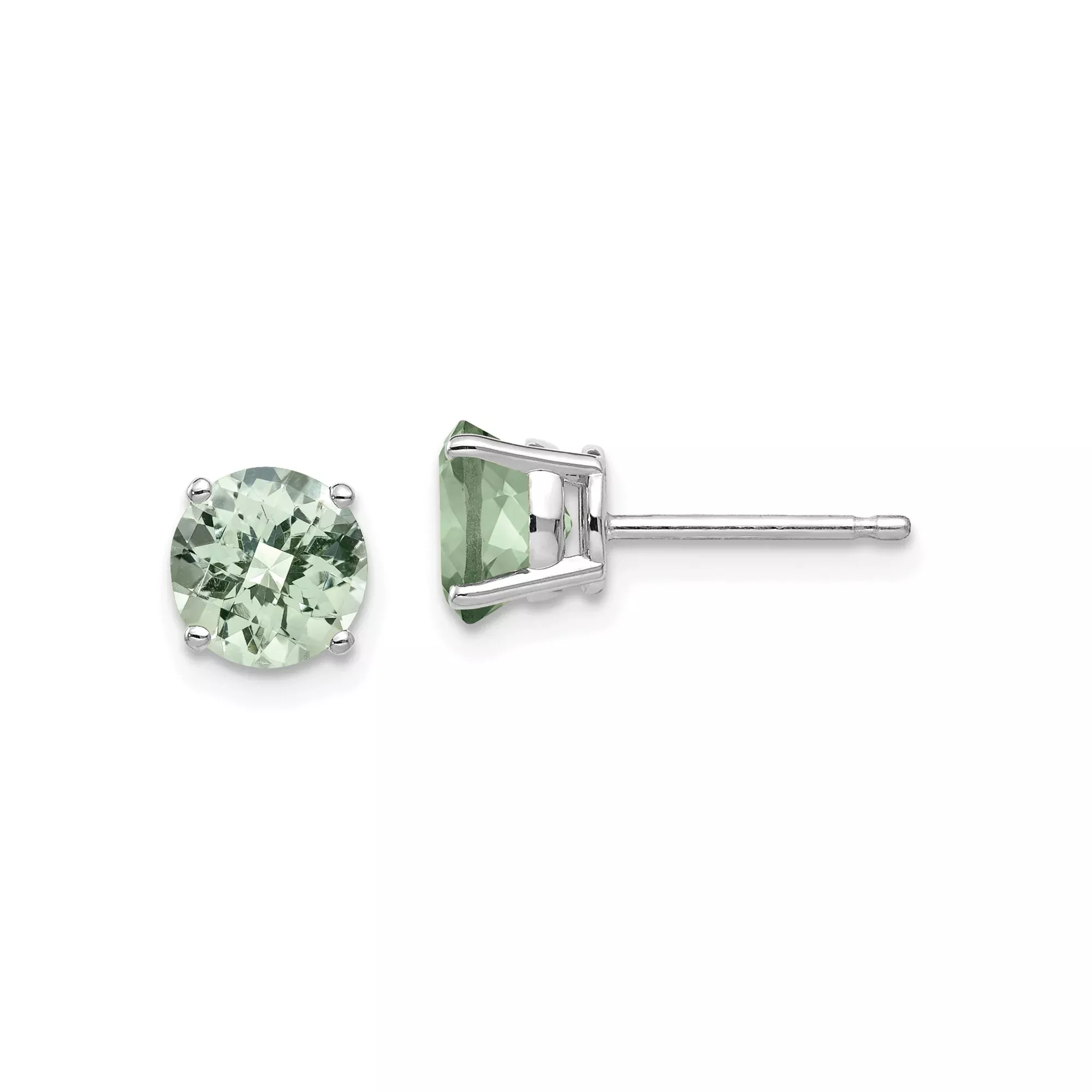 14k White Gold Stud Earrings with Round Cut Green Quartz, Minimalist Gemstone Jewelry