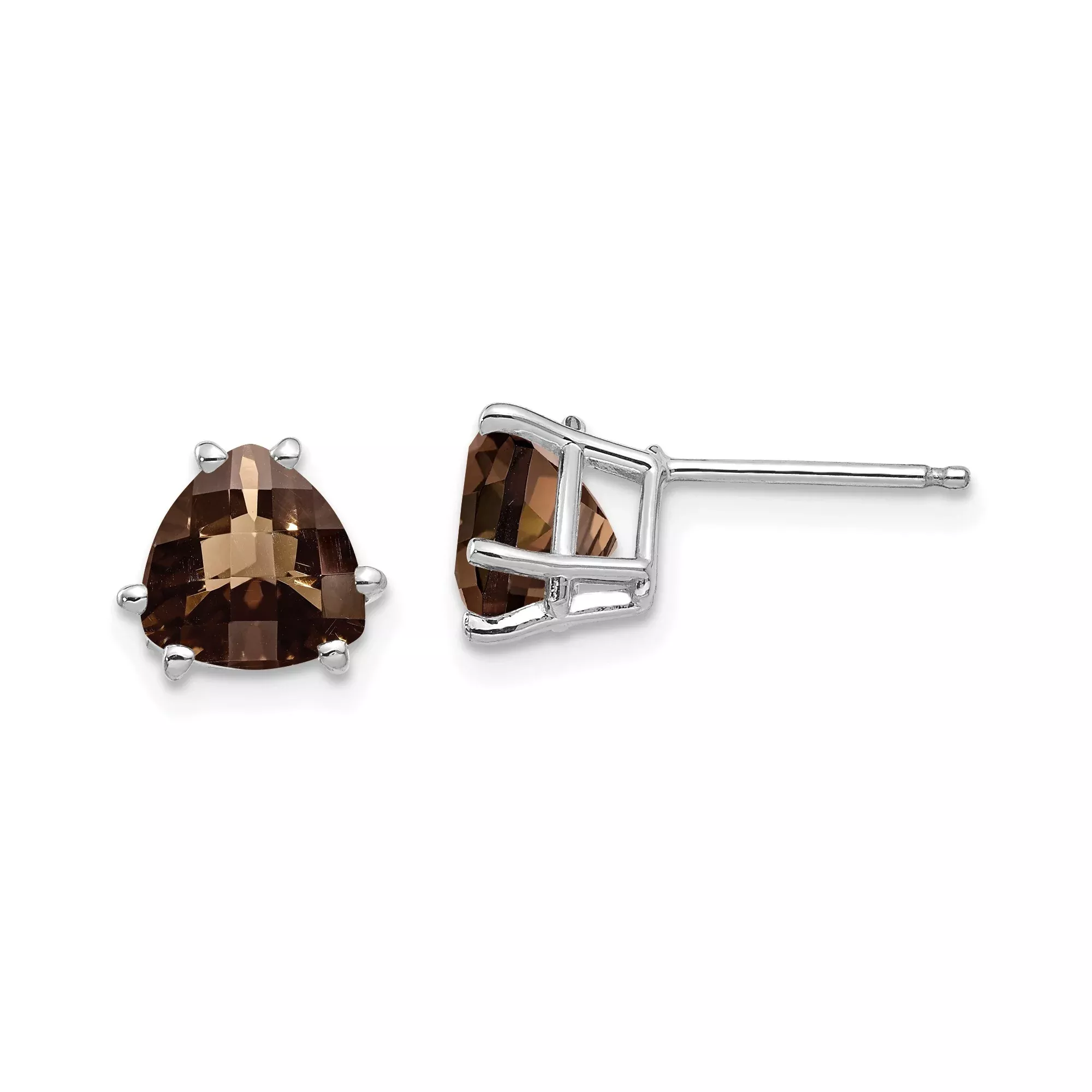 14k White Gold Stud Earrings with Trillion Cut Smoky Quartz, Modern Minimalist Style