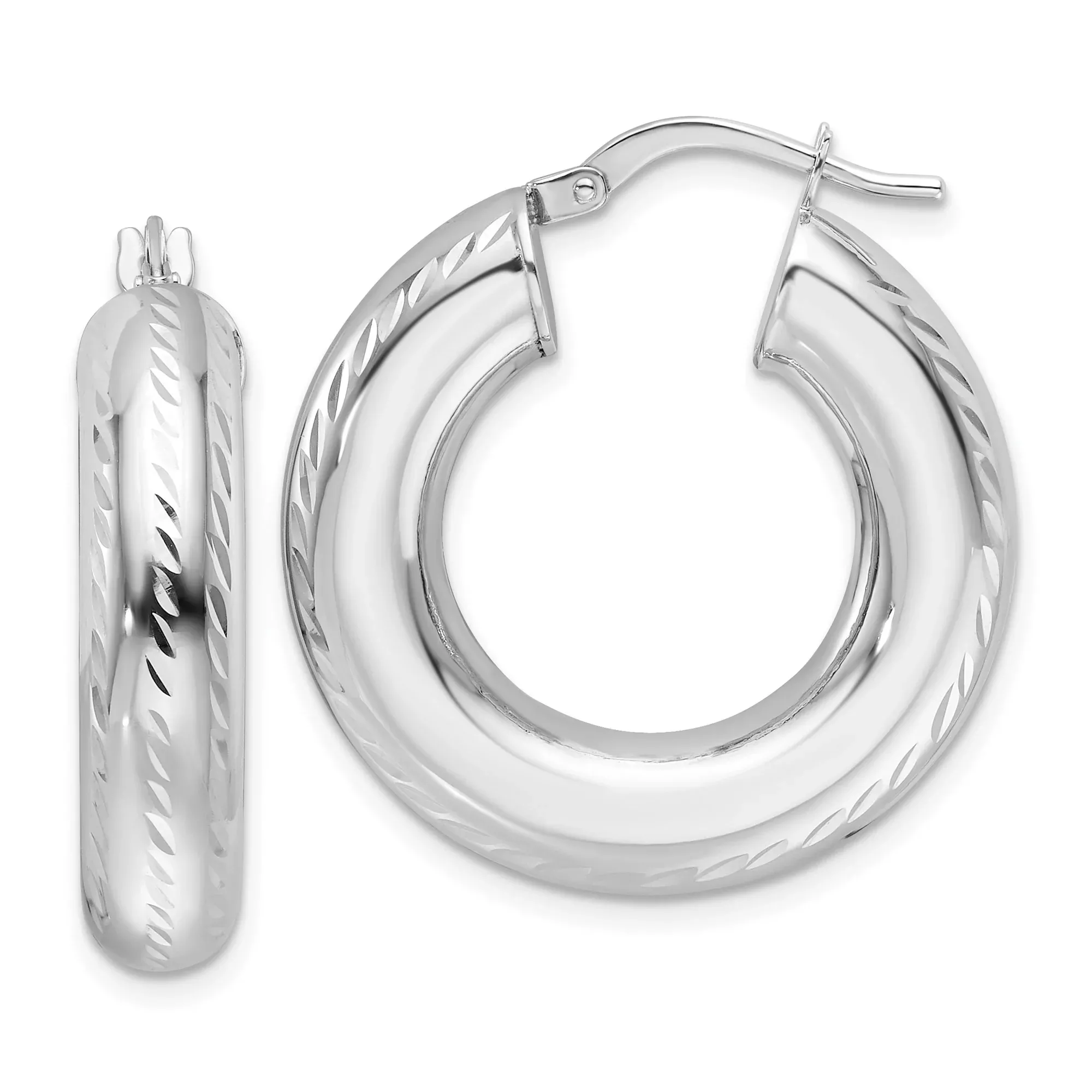 14k White Gold Twisted Hoop Earrings, Polished Diamond Cut Round Design