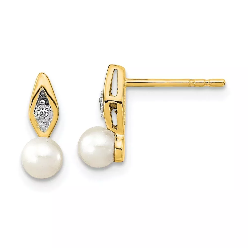 14k Yellow Gold FW Cultured Pearl and Diamond Post Earrings