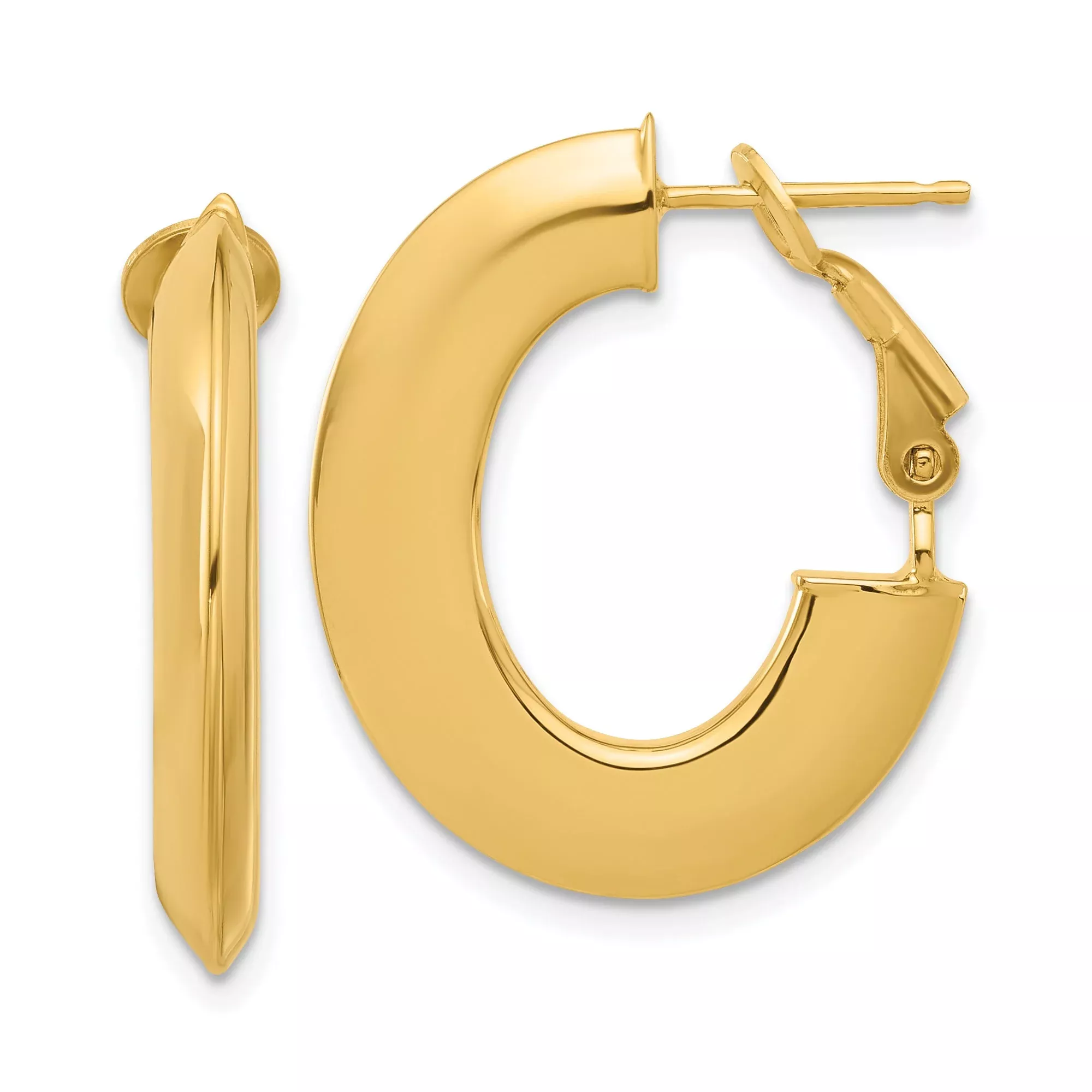 14k Yellow Gold Hoop Earrings, Medium Oval with Omega Back, Bold Polished Design for Women