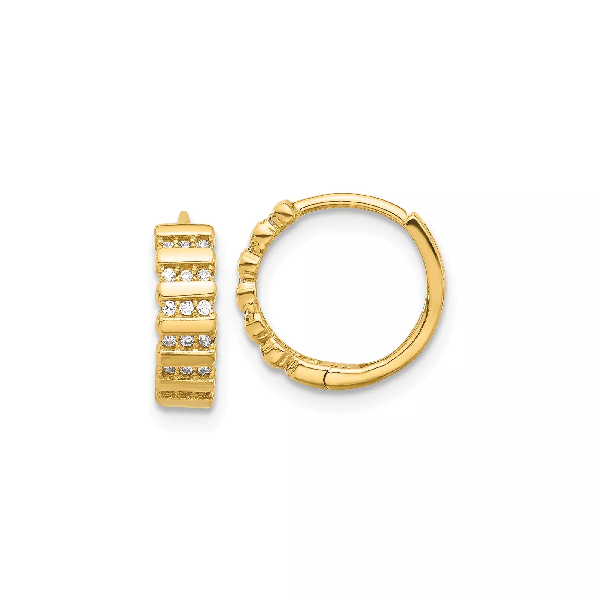 14k Yellow Gold Hoop Earrings with Cubic Zirconia, Ribbed Design, Lightweight Polished Style
