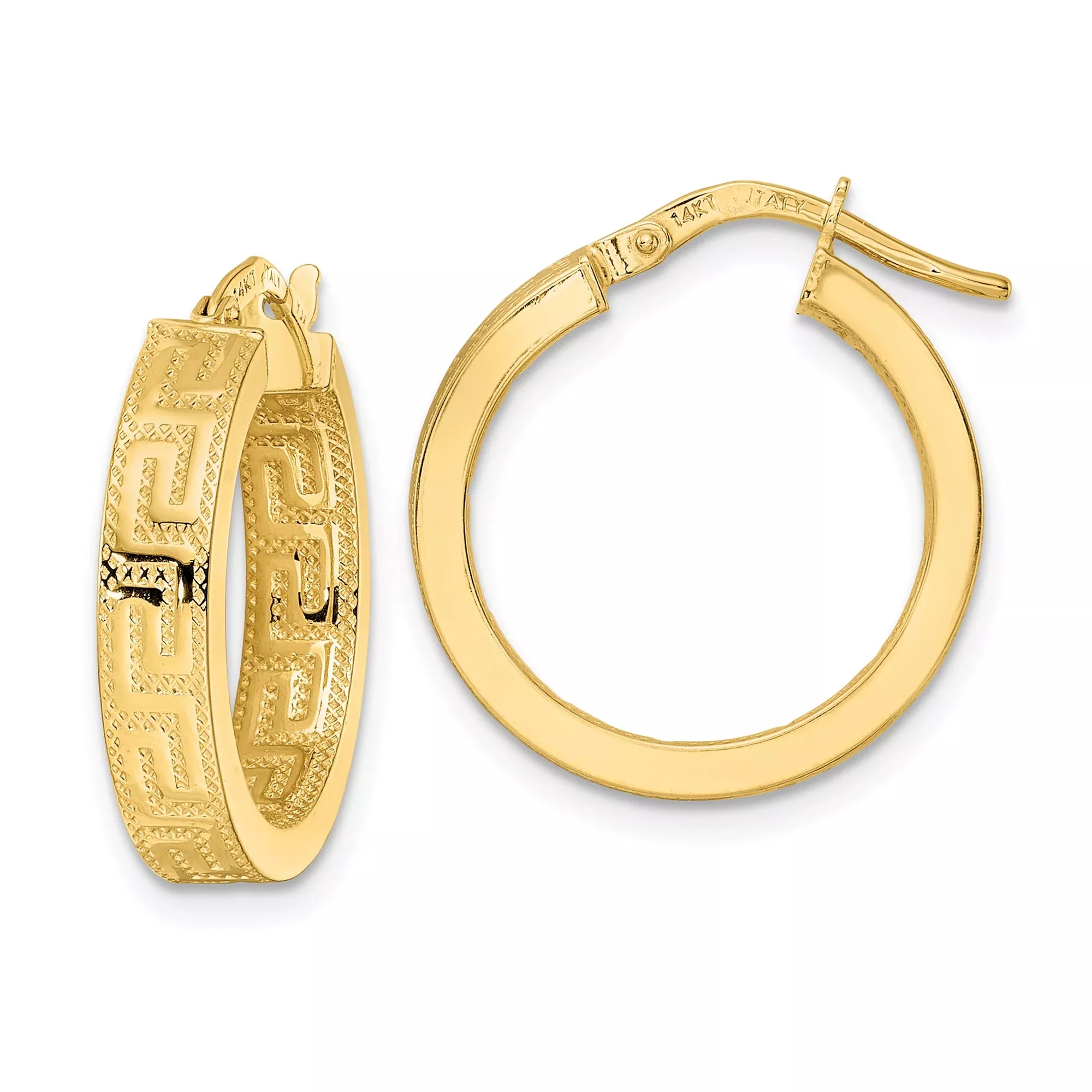 14k Yellow Gold Hoop Earrings with Greek Key Pattern, Polished Finish, Classic Medium Size