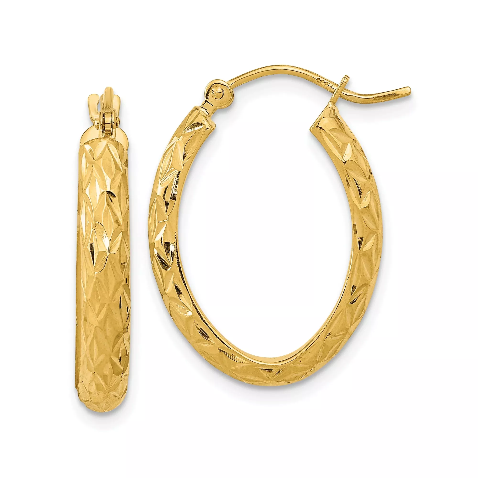 14k Yellow Gold Oval Hoop Earrings, Polished Textured with Diamond-Cut Detailing
