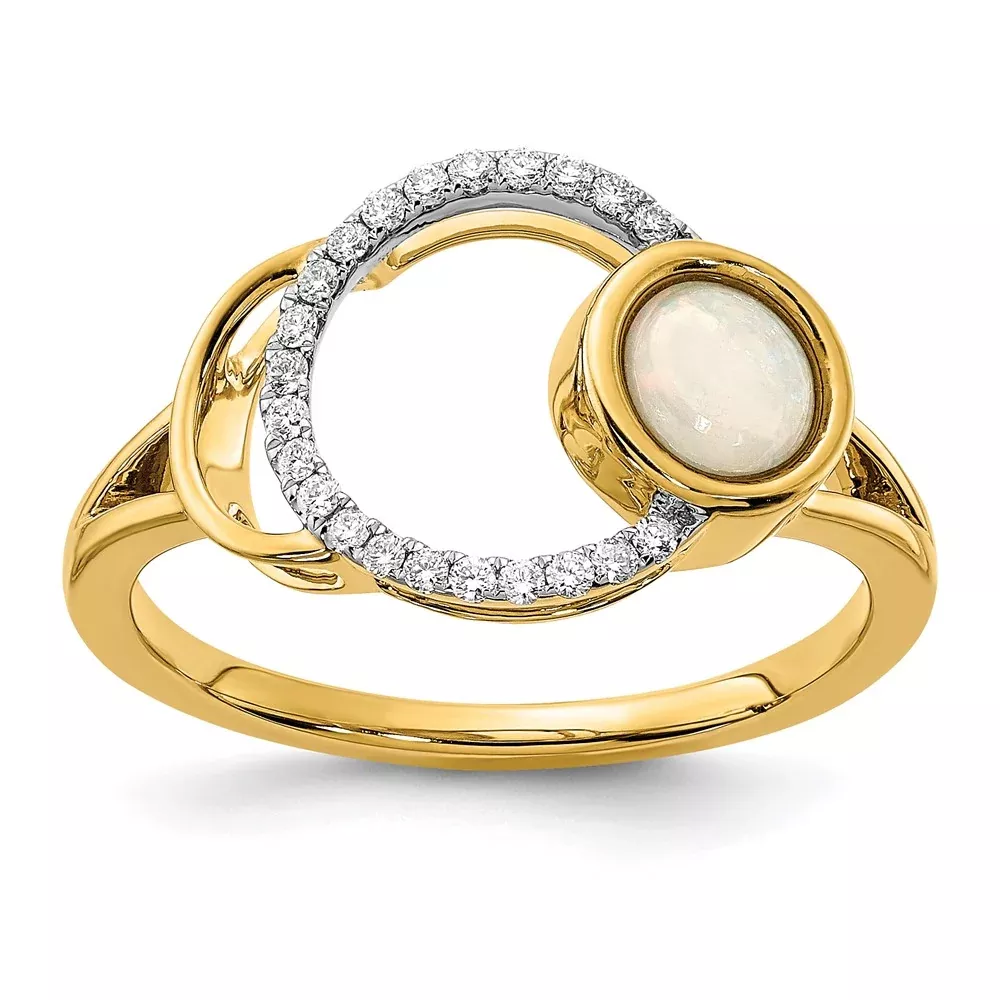 14K Yellow Gold Polished Real Diamond & Opal Circle Ring