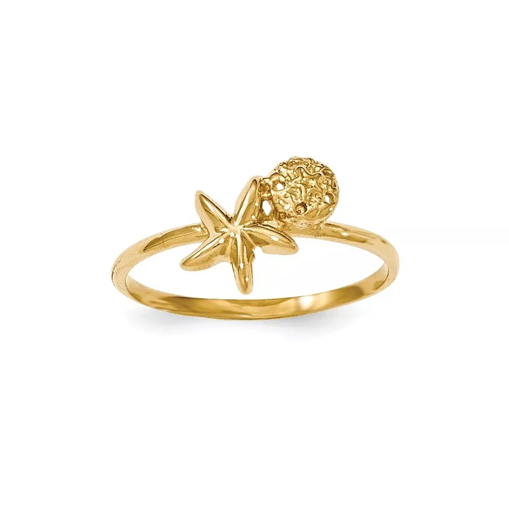 14K Yellow Gold Polished Starfish & Sand Dollar Ring