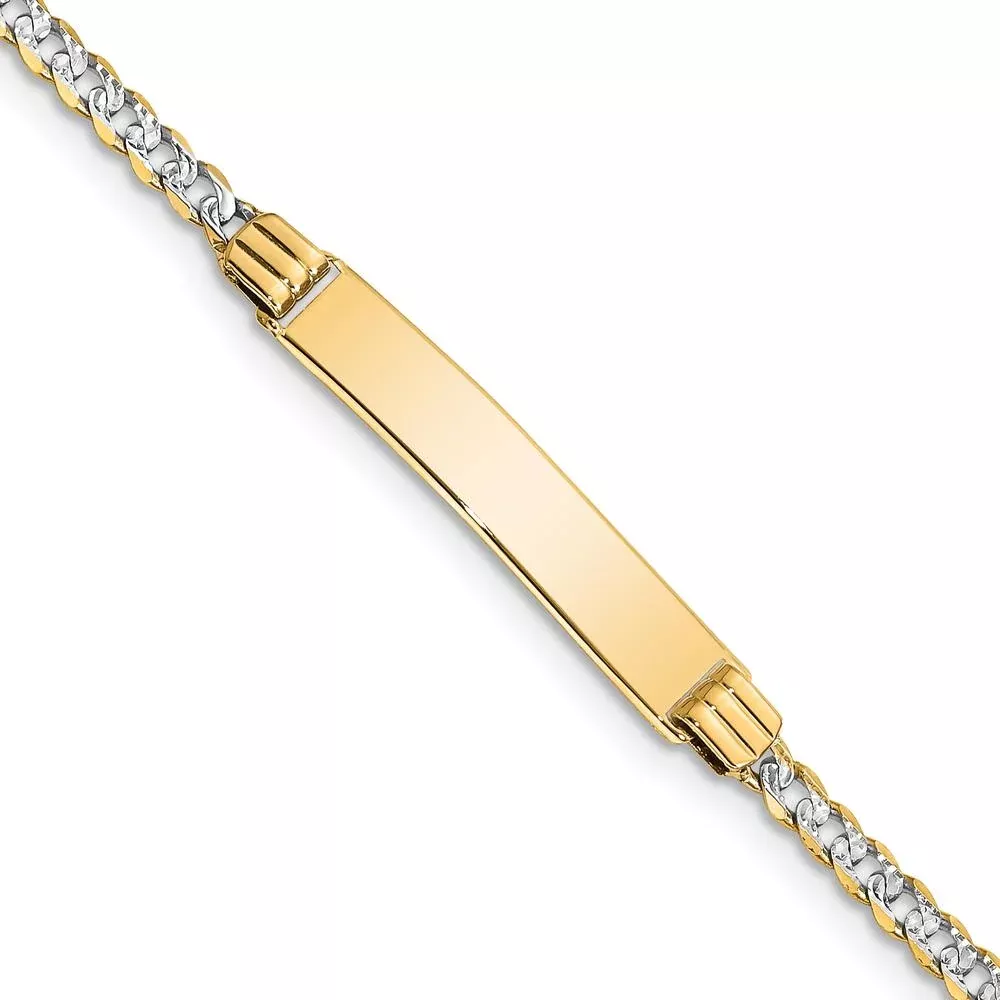 14K Yellow Gold Rhodium-Plated Curb Link Baby/Child ID Bracelet with Engraving Plate - 6" Length by Oro Pregiato