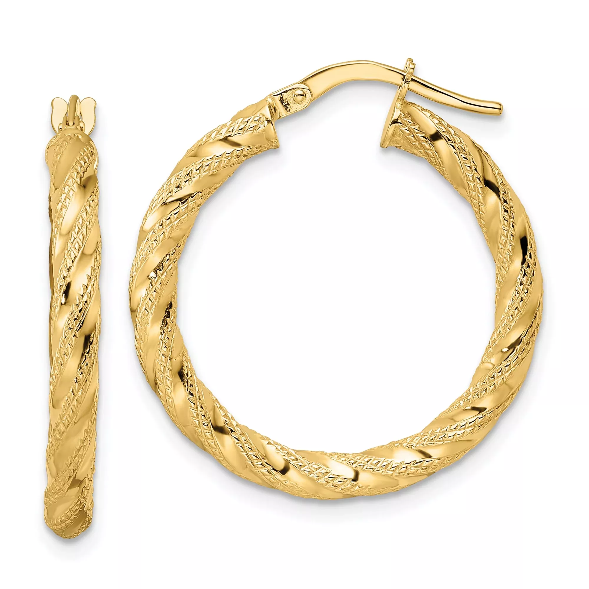 14k Yellow Gold Twisted Hoop Earrings, Textured Diamond Cut Lightweight Design for Women