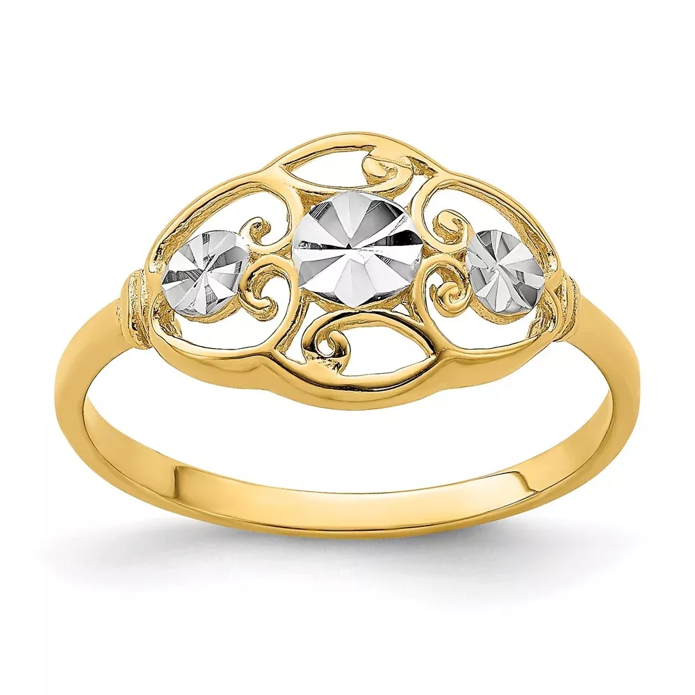 14k Yellow Gold w/Rhodium D/C Circles w/Scalloped Edge Ring
