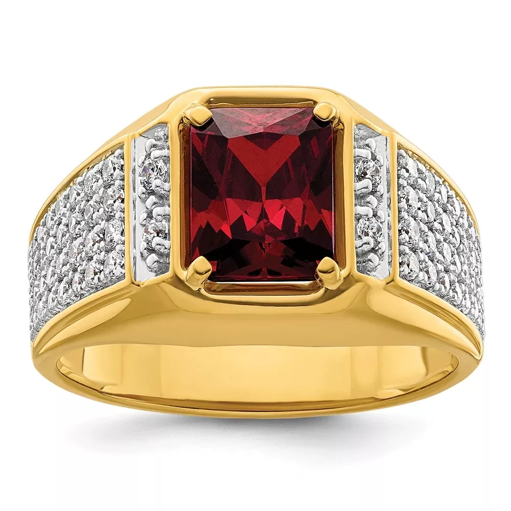 14k Yellow Gold White Rhodium 3 /4 Ct. Lab Grown Diamond VS /SI+ G+ and Created Ruby Men's Ring