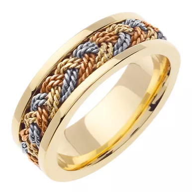 14k Yellow Gold With Braided Tri-color Gold7mmHandmade Wedding Band