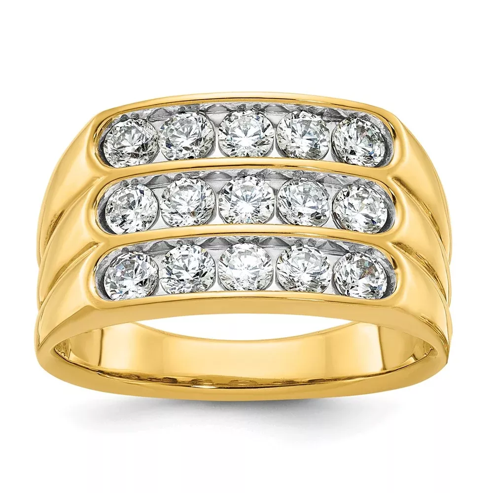 14k Yellow Gold with White Rhodium 2 Ct. Lab Grown Diamond VS /SI+ G+ Three Row Men's Ring