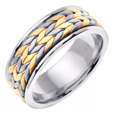 18k White Gold With yellow gold. 8mmWide With Chevron Pattern Handmade Wedding Band