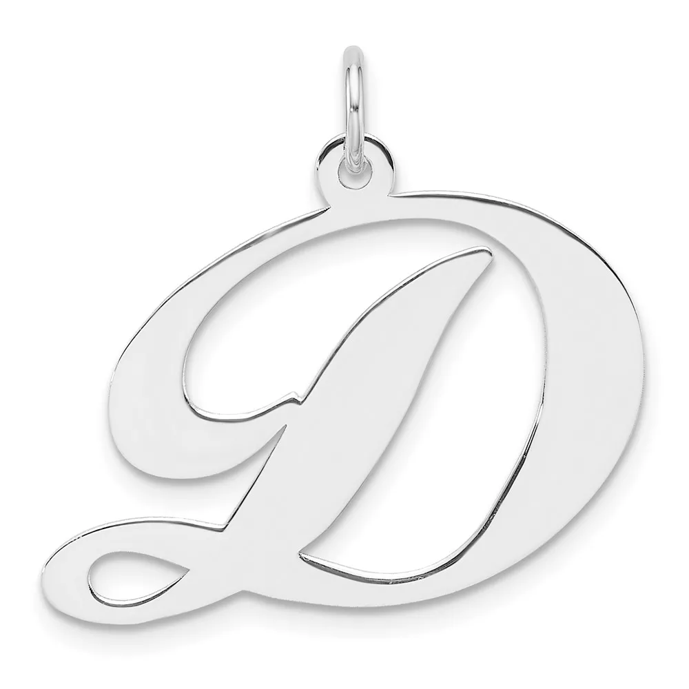 Large Sterling Silver Rhodium-plated Fancy Script Letter D Initial Charm