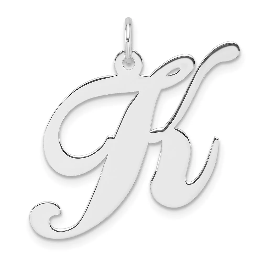 Large Sterling Silver Rhodium-plated Fancy Script Letter K Initial Charm