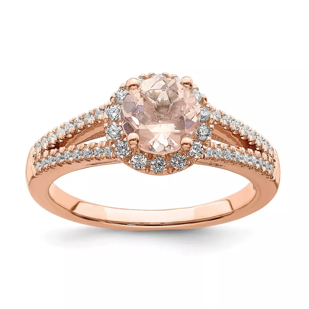 Pure Serenity 14k Rose Gold 1 /4 Ct. Lab Grown Diamond VS /SI+ G+ and Round Morganite Halo Engagement Ring
