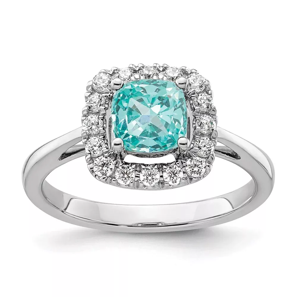Pure Serenity 14k White Gold 1 /4 Ct. Lab Grown Diamond VS /SI+ G+ and Halo Lab Created Paraiba Ring