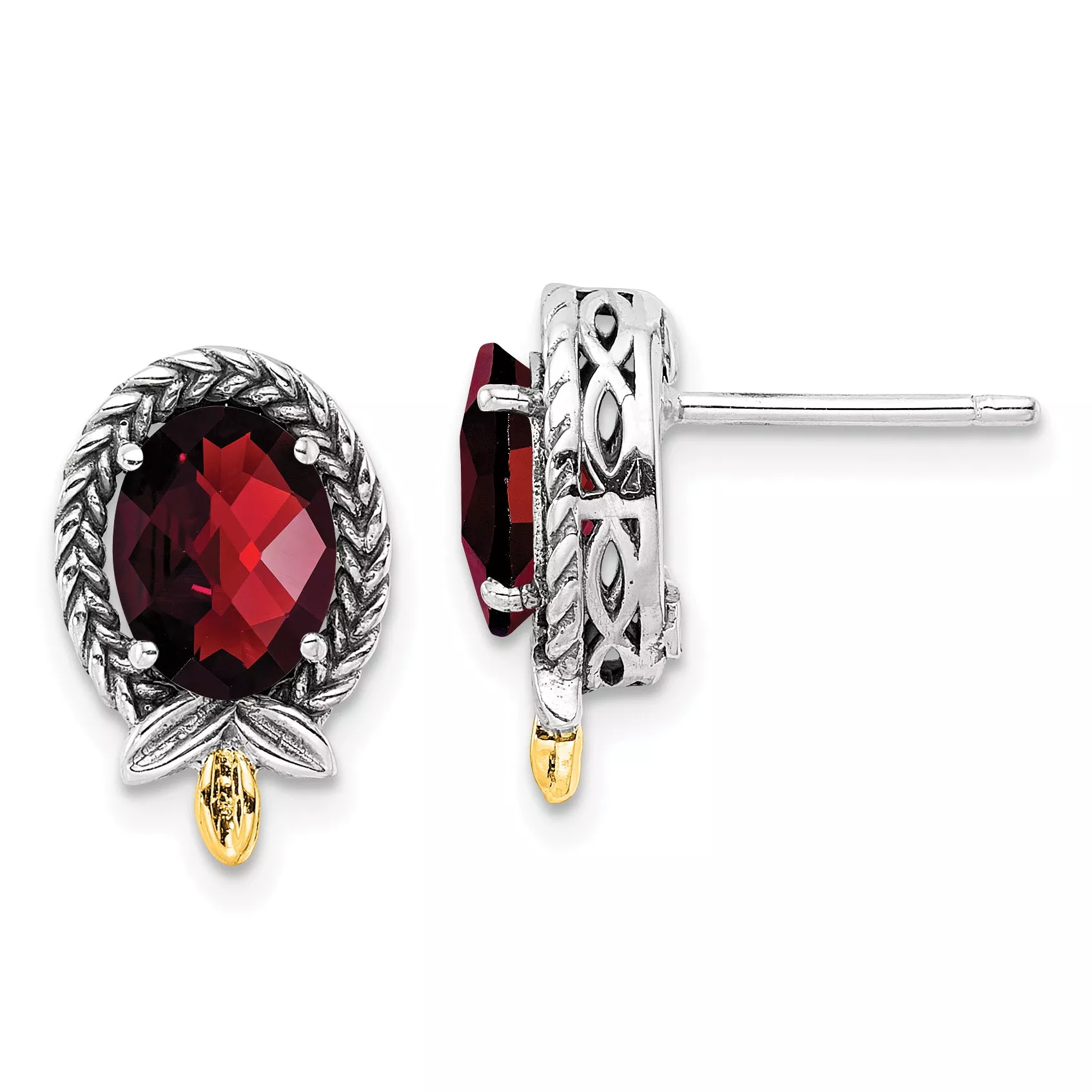 Shey Couture Sterling Silver with 14K Accent Antiqued Checkerboard Oval Garnet Post Earrings