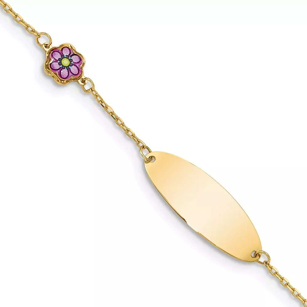 Solid 14K Yellow Gold Children's Enamel Flower w /.5in ext. ID Bracelet