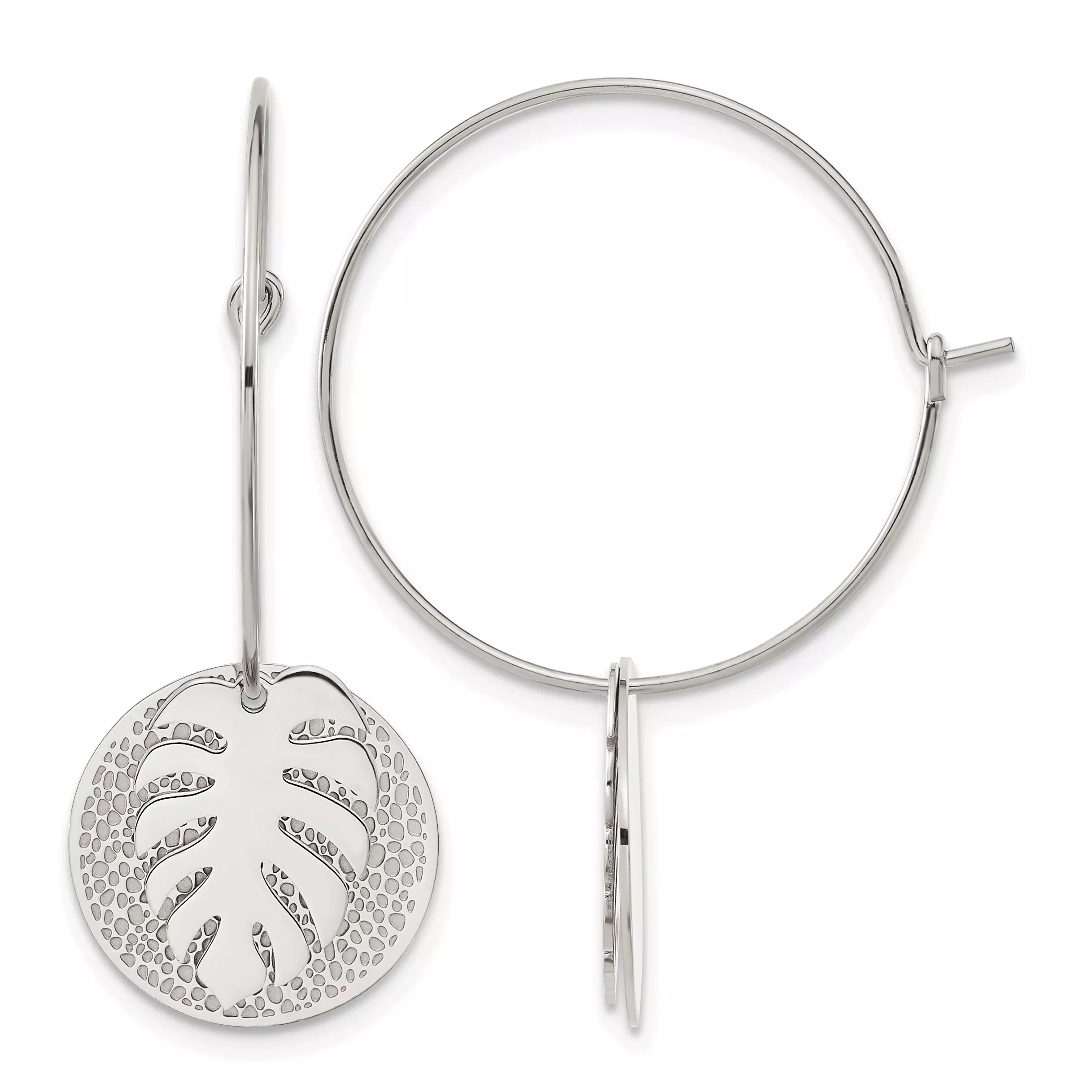 Stainless Steel Polished Textured Leaf Hoop Earrings for Women