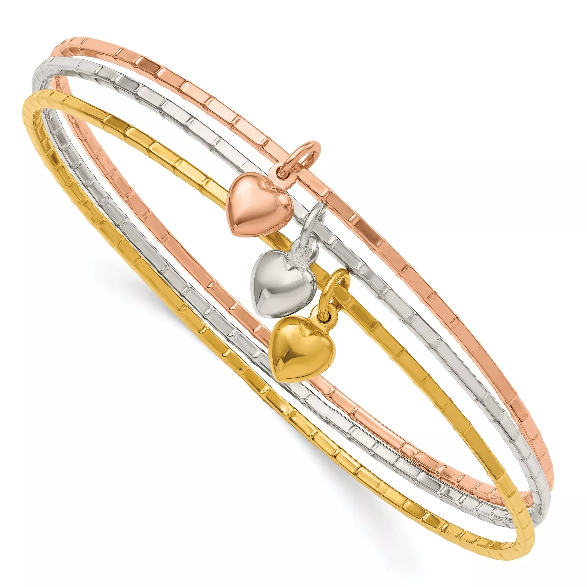 Sterling Silver/Gold-tone/Rose-tone w/Puffed Heart Bangle Set