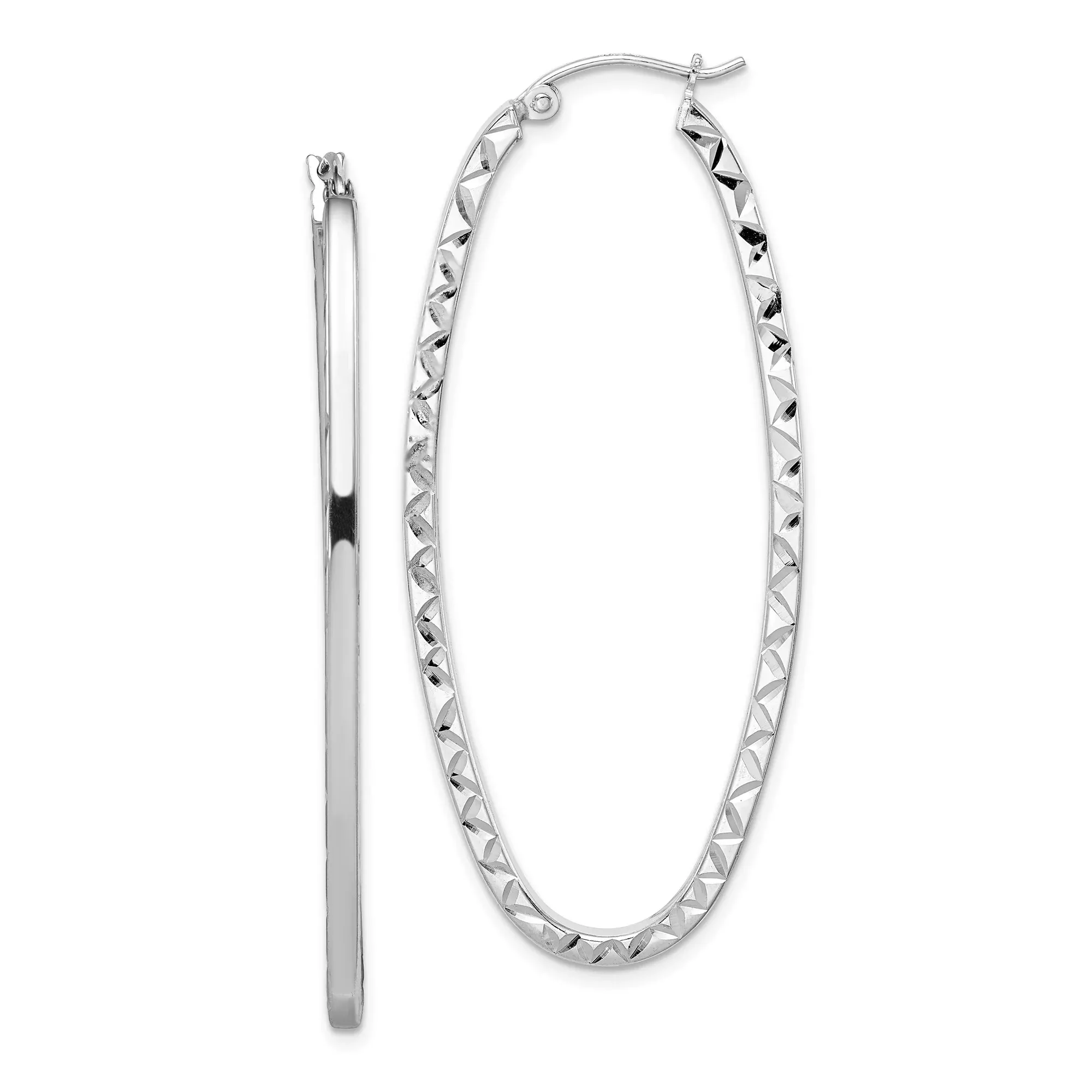 Sterling Silver Oval Hoop Earrings with Diamond Cut Textured Front, Lightweight Minimalist Design