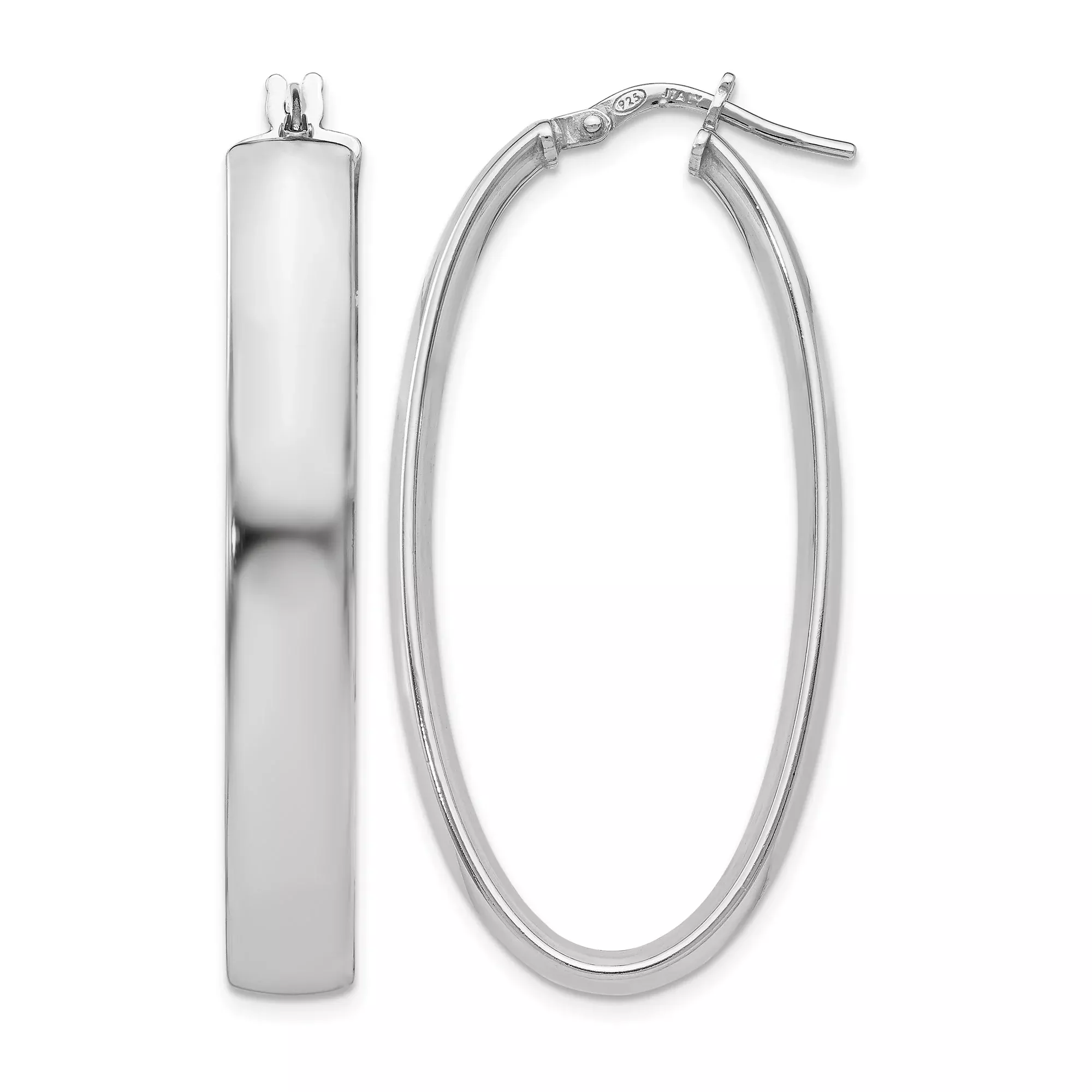 Sterling Silver Oval Hoop Earrings with Polished Finish and Hinged Design for Women