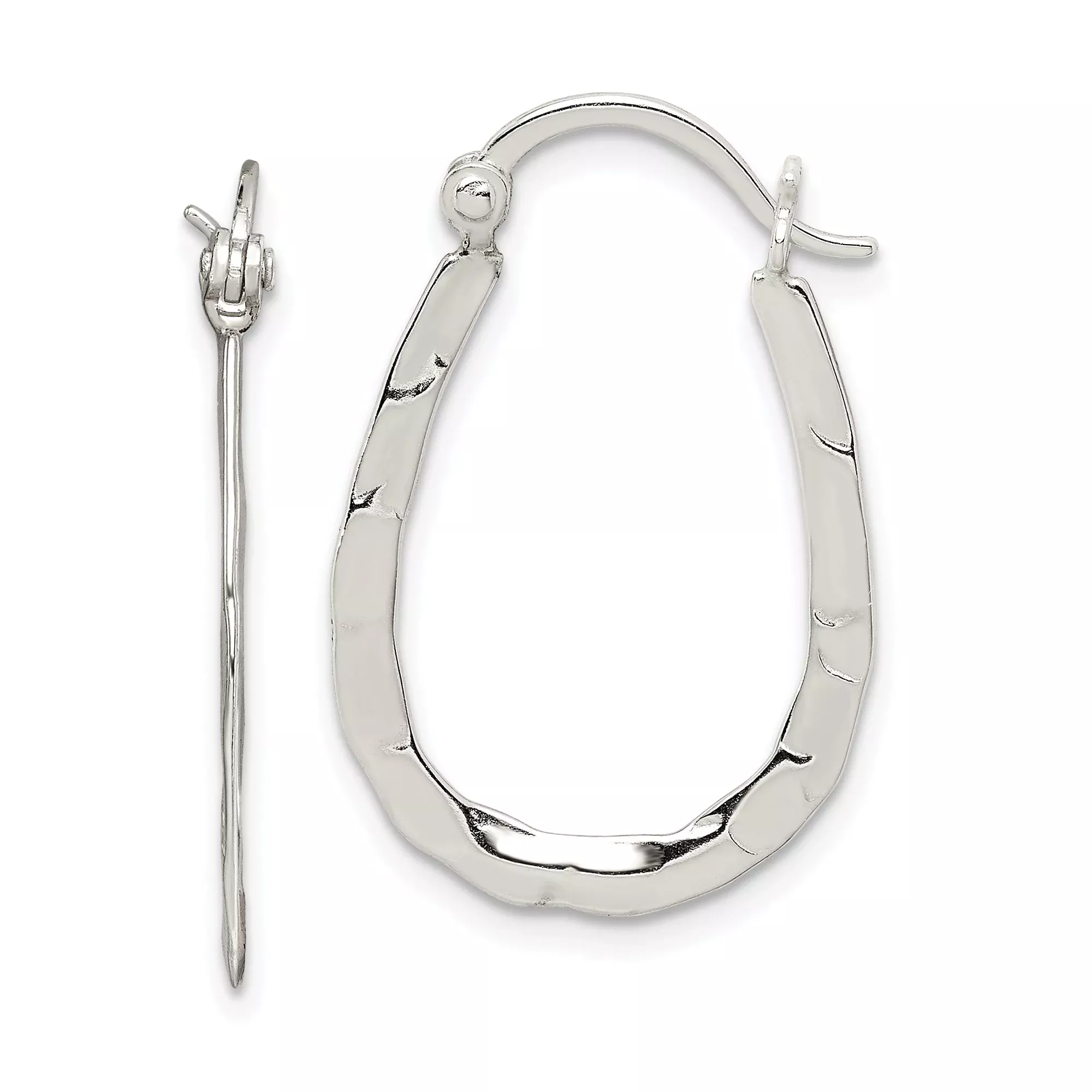 Sterling Silver Oval Hoop Earrings with Textured Hammered Finish, Latch-Back Closure