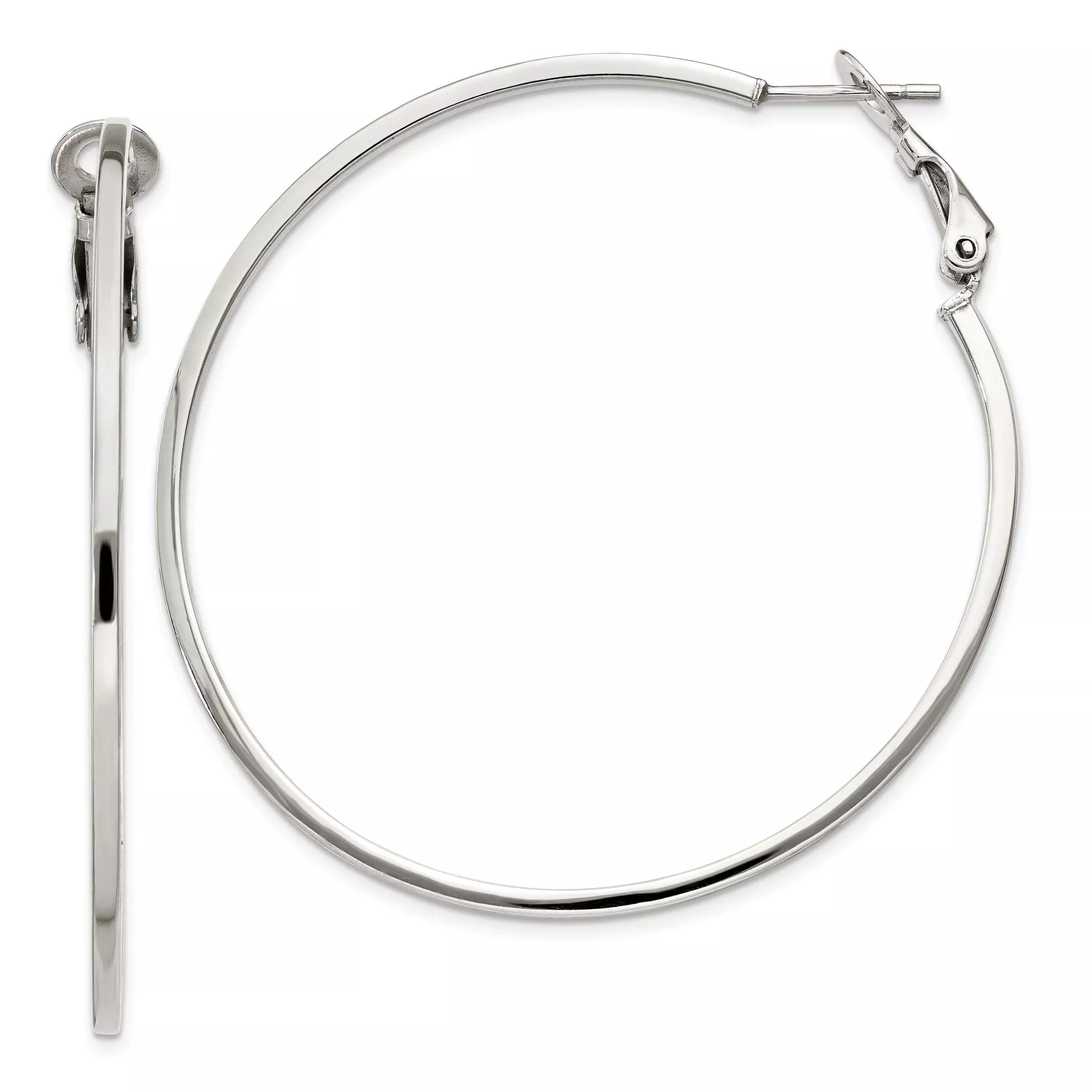 Sterling Silver RH-plated 1.5x50mm Omega Back Round Hoop Earrings