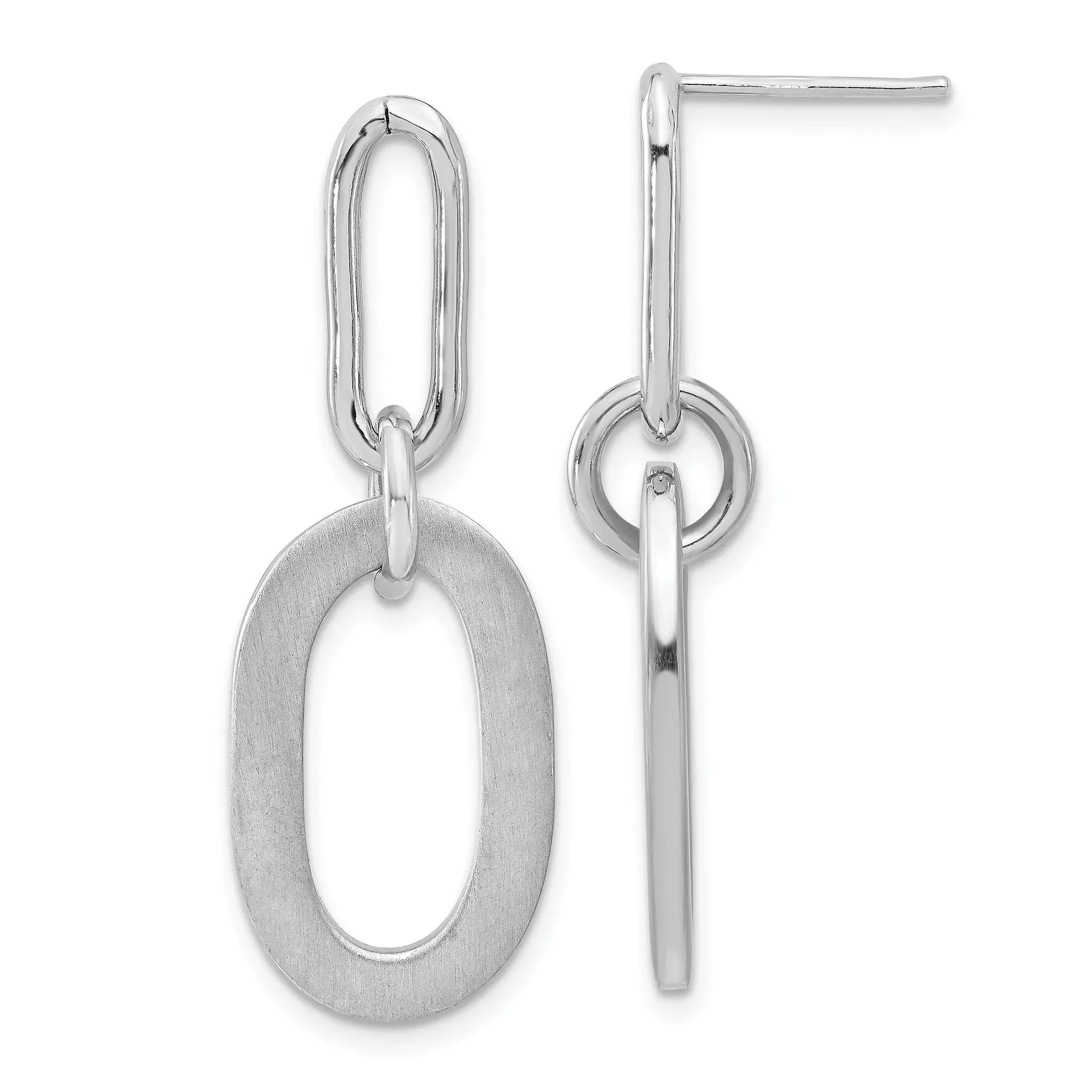 Sterling Silver Rh-plated Polished and Satin Oval Dangle Earrings