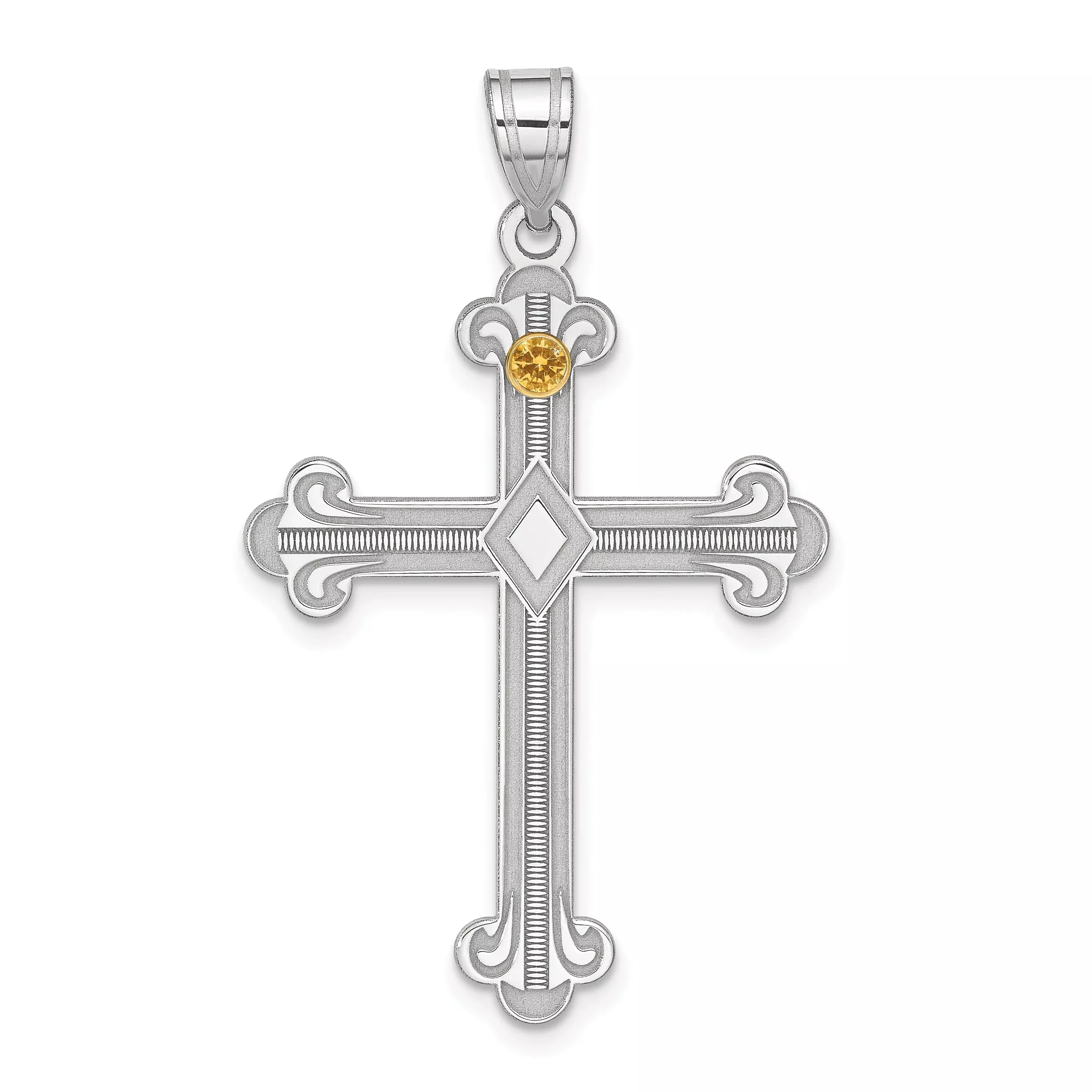 Sterling Silver Rh-plt/14k Bezel Crystal Family Cross Pendant