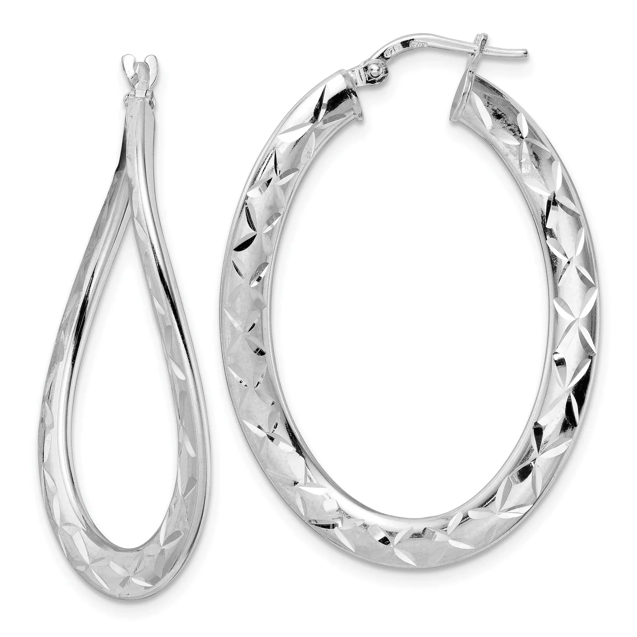 Sterling Silver Rhod-plated Pol & D/C Curved Oval Hoop Earrings