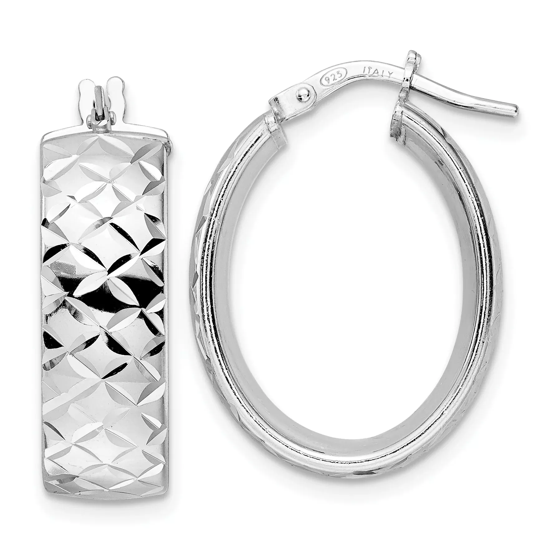 Sterling Silver Rhod-plated Polished D/C Oval Hoop Earrings
