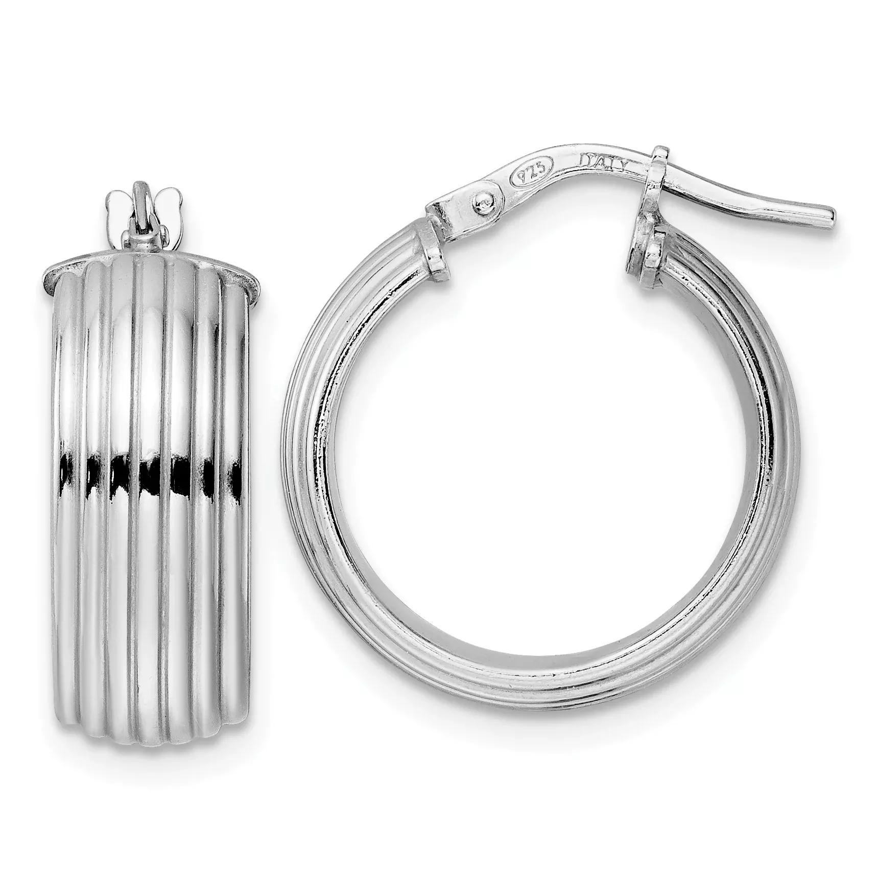Sterling Silver Rhod-plated Polished Grooved Hoop Earrings