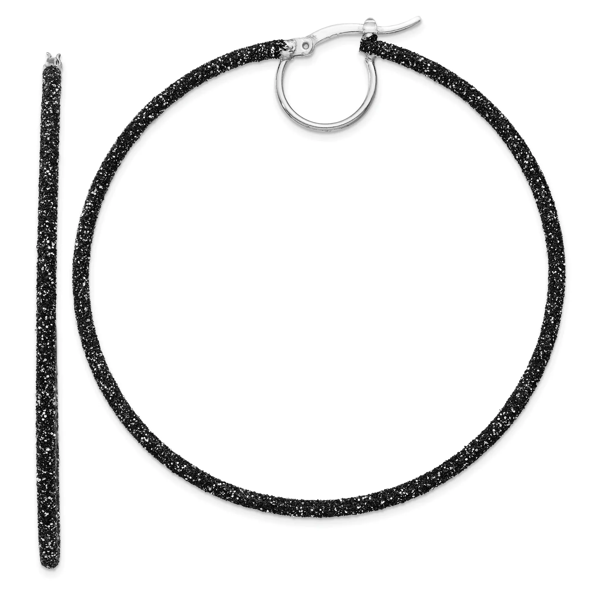 Sterling Silver Rhodium/Black Glitter Enamel 2x55mm Hoop Earrings
