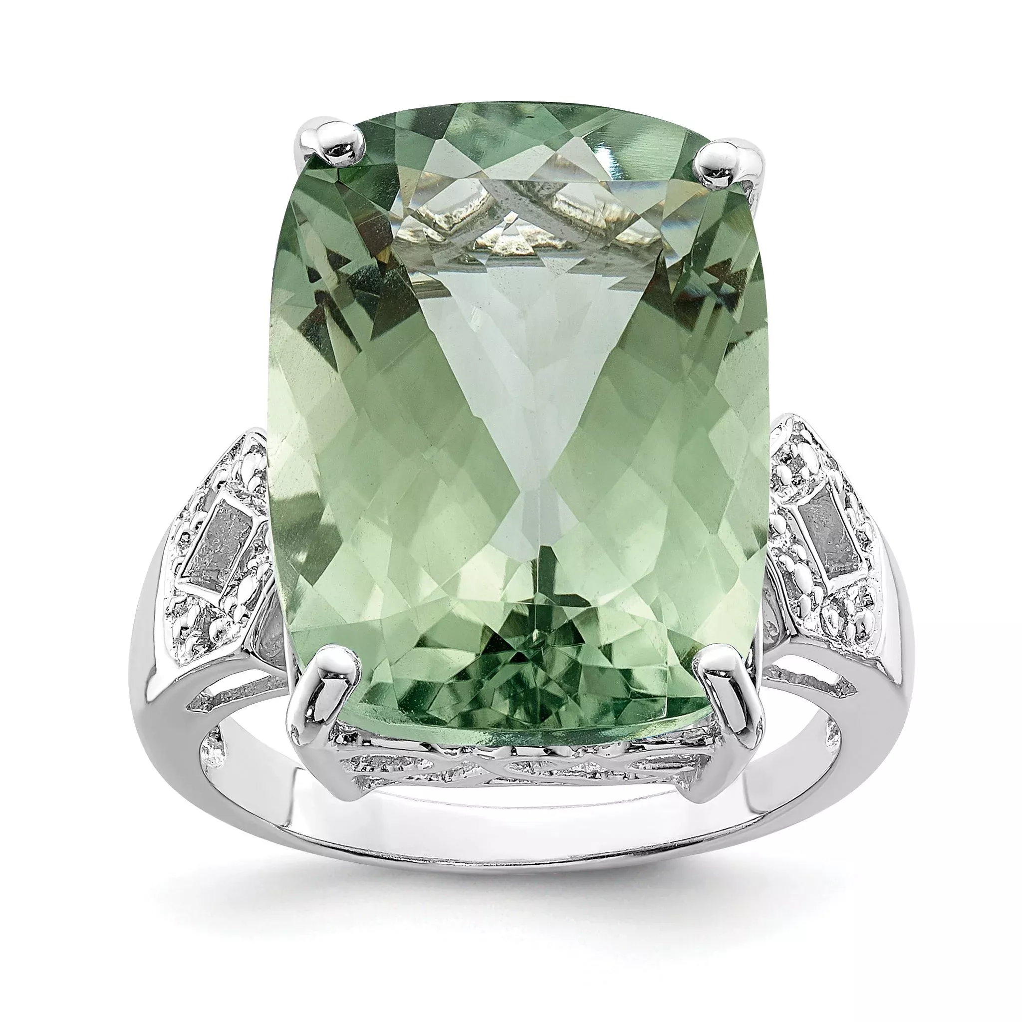 Sterling Silver Rhodium Green Quartz & Diam. Ring