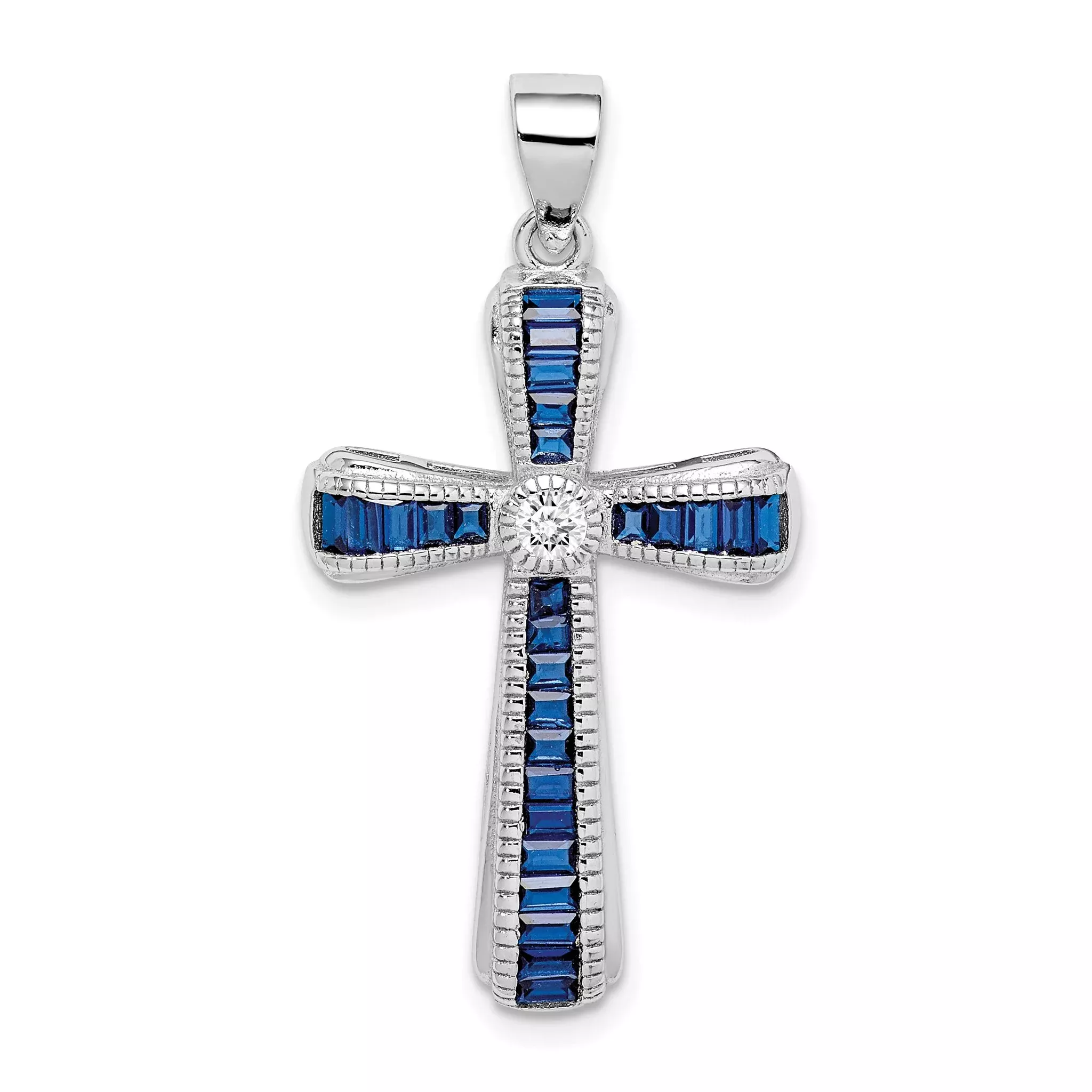 Sterling Silver Rhodium-plated CZ & Lab Cr. Blue Spinel Cross Pendant
