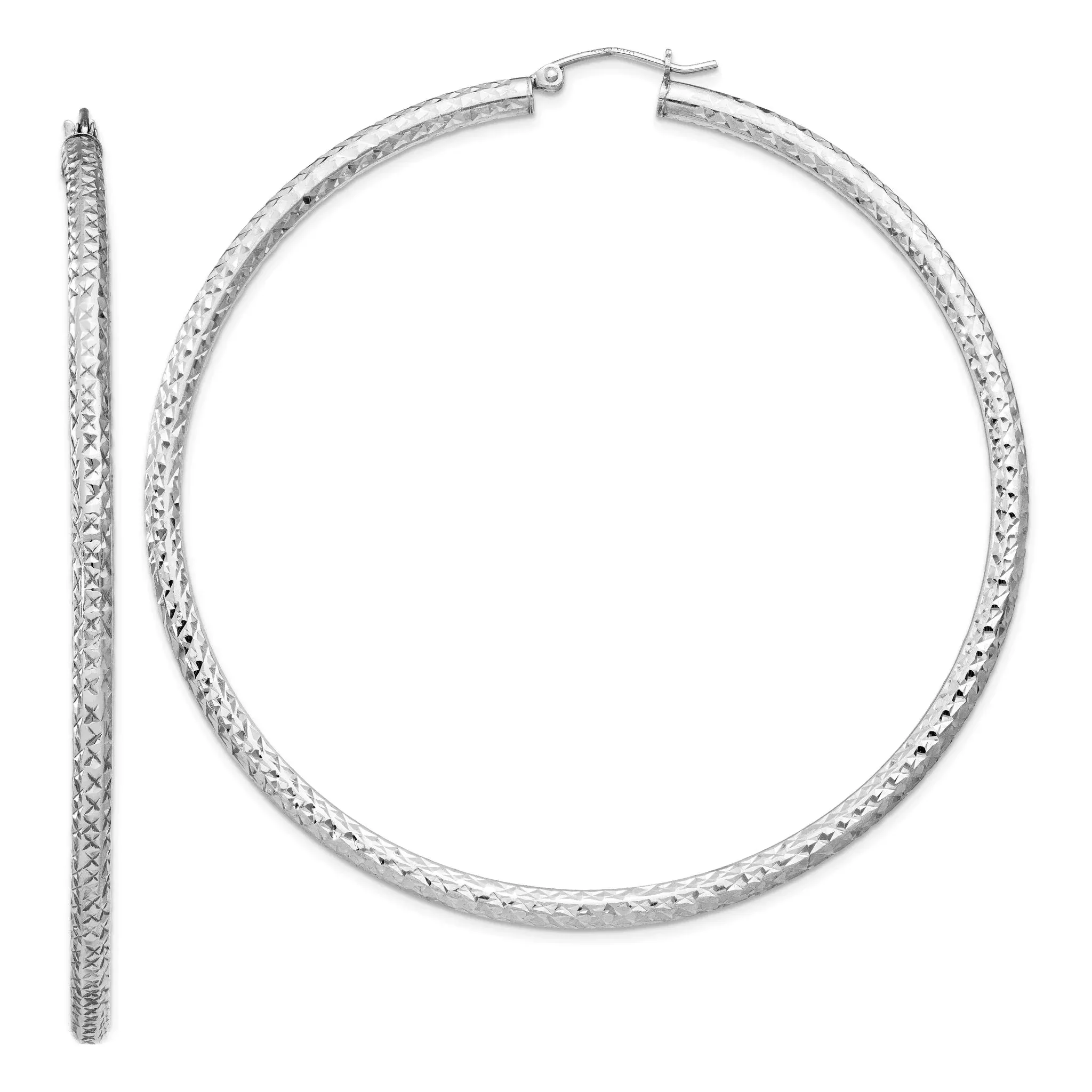 Sterling Silver Rhodium-plated D/C 3x70mm Hoop Earrings