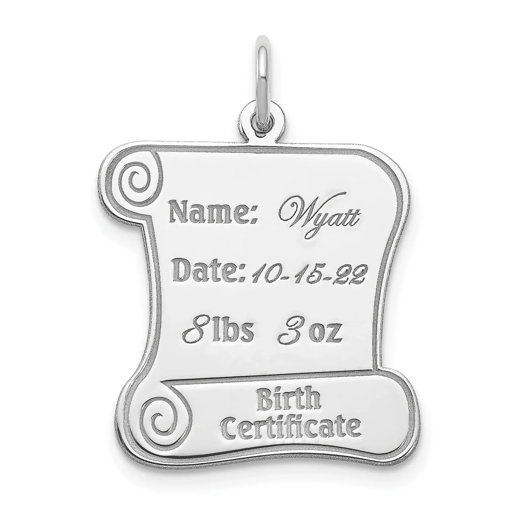 Sterling Silver Rhodium-plated Personalizable Birth Certificate Charm