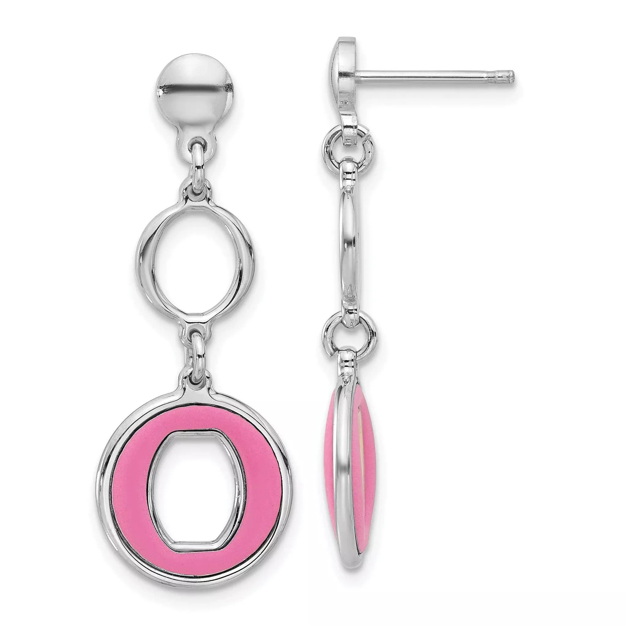Sterling Silver Rhodium-plated Polished Pink Circle Post Dangle Earrings