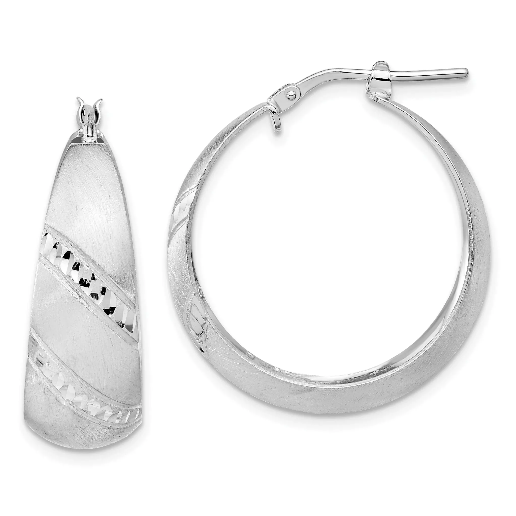 Sterling Silver Rhodium-plated Satin Diamond-cut Hoop Earrings