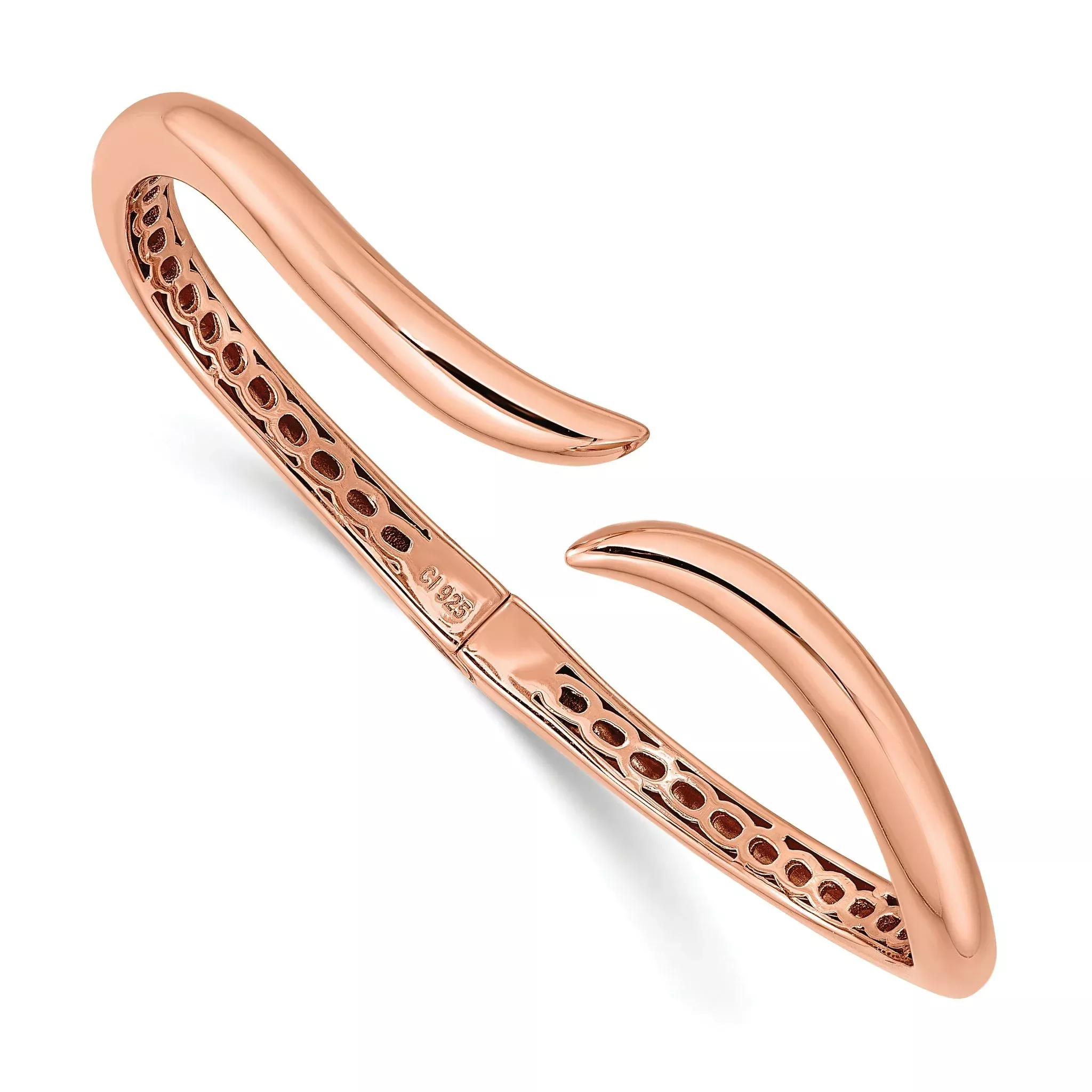 Sterling Silver Rose-tone Polished Wavy Hinged Bangle