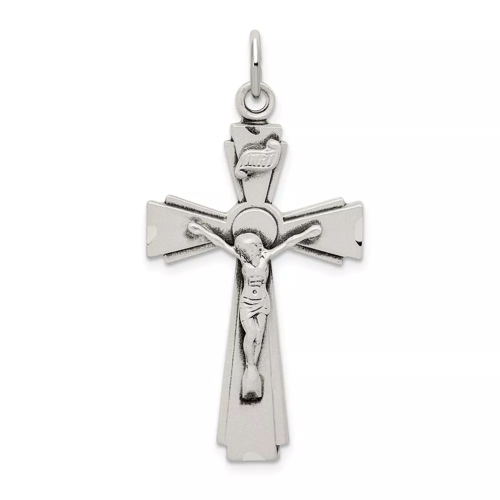 Sterling Silver Satin and D/C INRI Crucifix Pendant