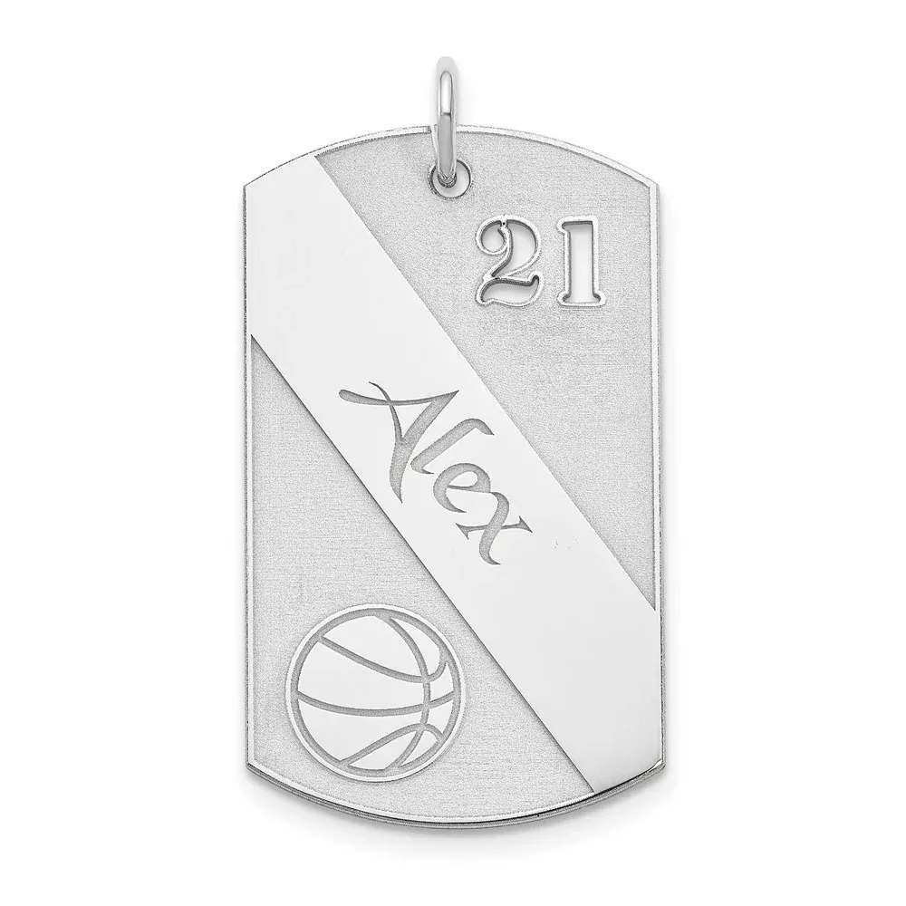 Sterling Silver Ss/Rhodium-Plated Personalized Basketball Dog Tag Charm