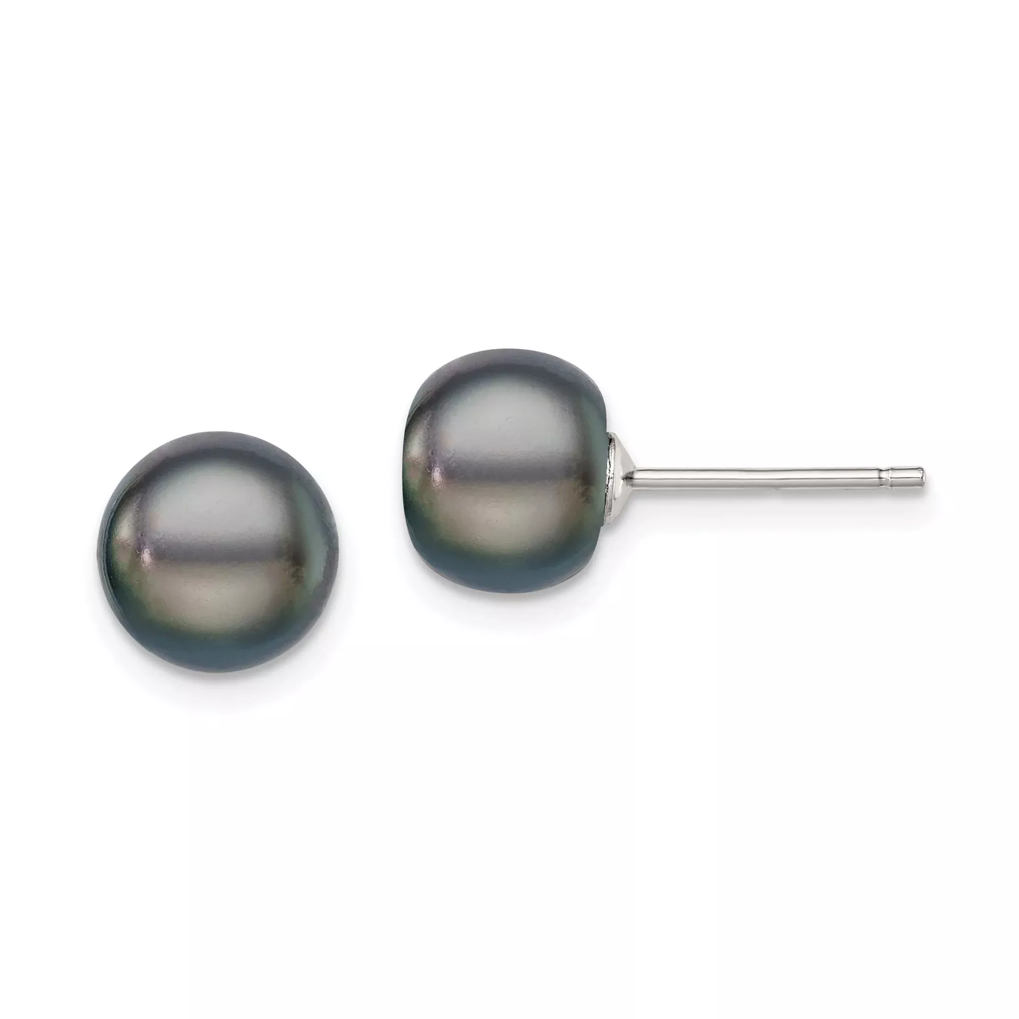 Sterling Silver Stud Earrings with Black Freshwater Pearls, Round Button Style for Women