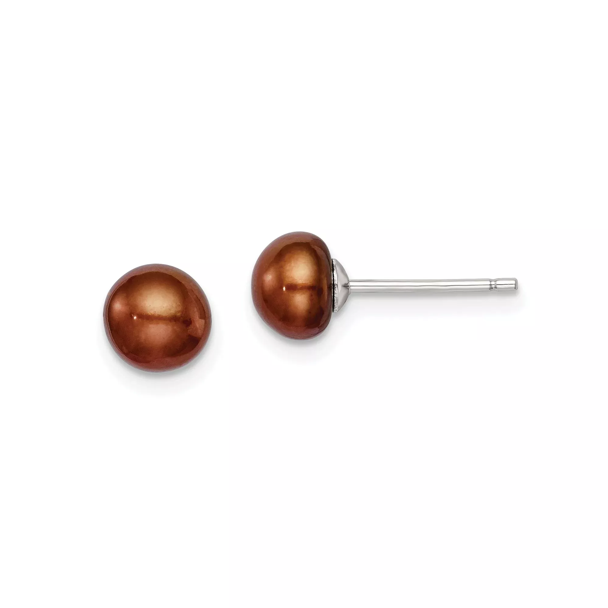 Sterling Silver Stud Earrings with Brown Freshwater Cultured Pearls, Polished Finish