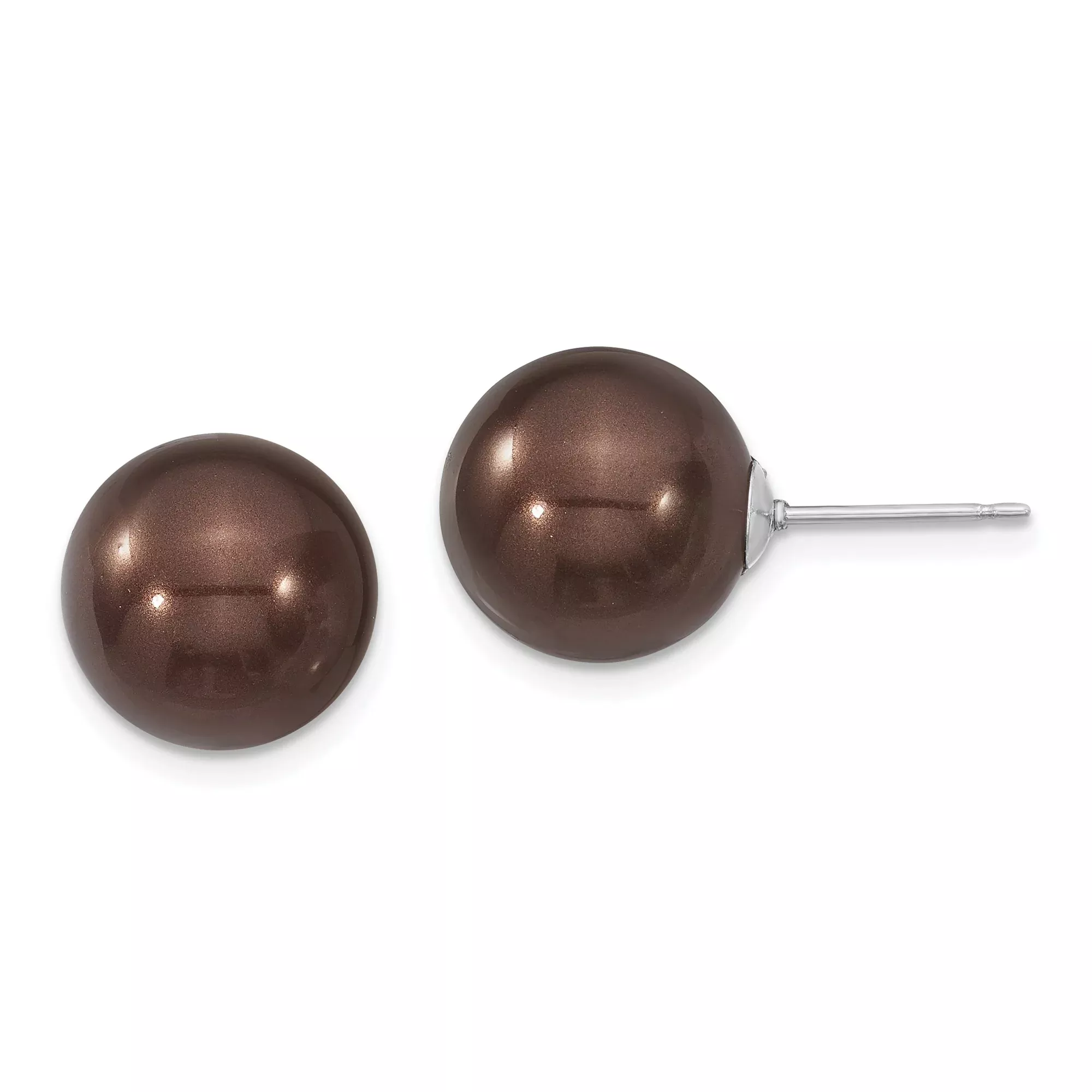 Sterling Silver Stud Earrings with Brown Shell Beads, High Polish Minimalist Design