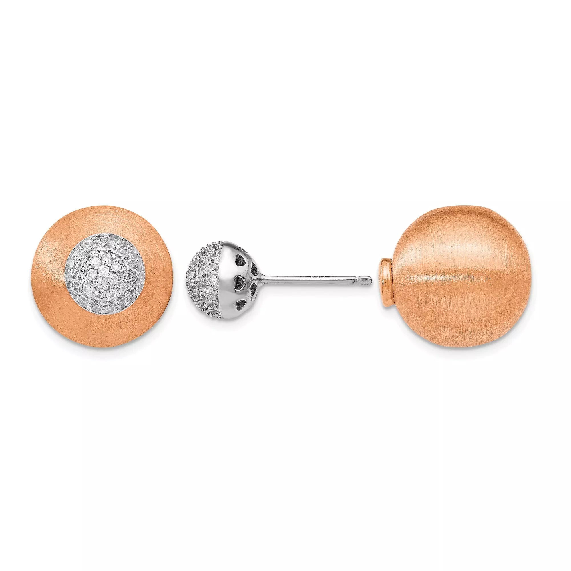 Sterling Silver Stud Earrings with Brushed Disc and Pavé Cubic Zirconia Sphere, Two-Tone Design