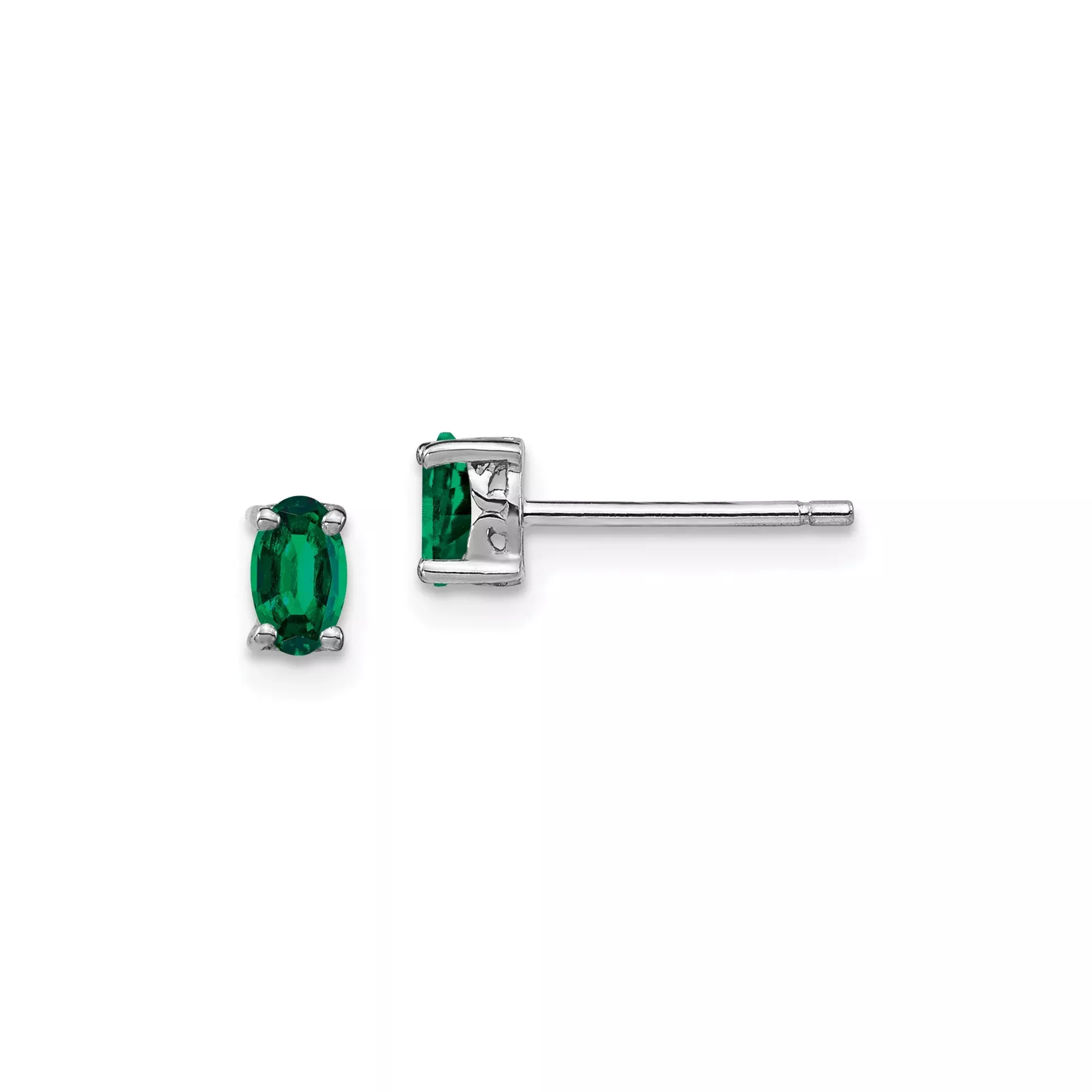 Sterling Silver Stud Earrings with Created Emerald Oval Gemstone, Classic Four Prong Setting