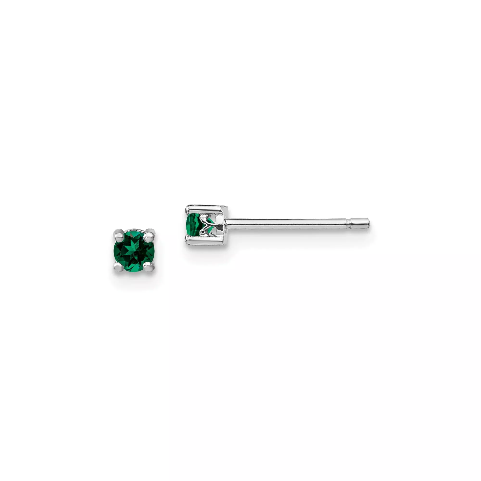 Sterling Silver Stud Earrings with Created Emerald, Round Cut, Four Prong Setting